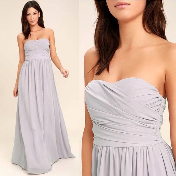 Lulu’s light gray strapless chiffon bridesmaids all afloat maxi‎ dress medium - Picture 1 of 9